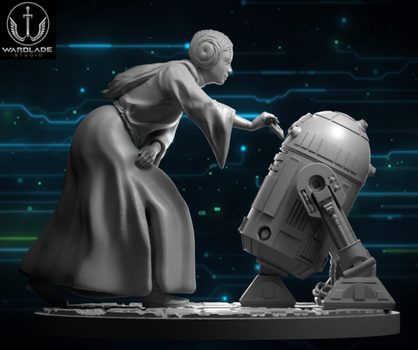 Figurine en plastique impression 3D de Leia de Star Wars avec R2 D2